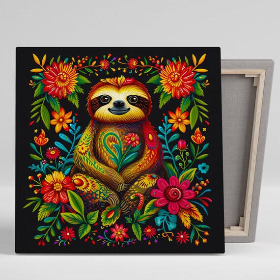 Fiesta Sloth Surrounded By Colorful Mexican Folk Flowers Animal Poster