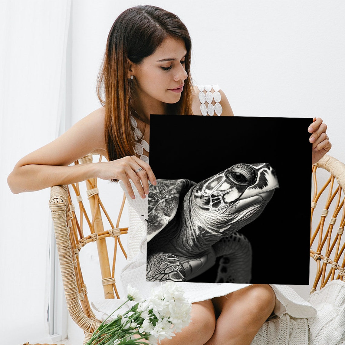 Black White Sea Turtle Portrait Dramatic Dark Background Art Print - Image 3