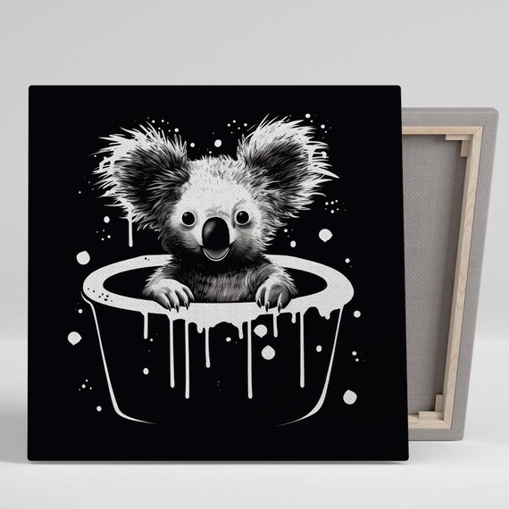 Koala Bath Time In Paint Drip Tub Black And White Whimsical Wall Poster