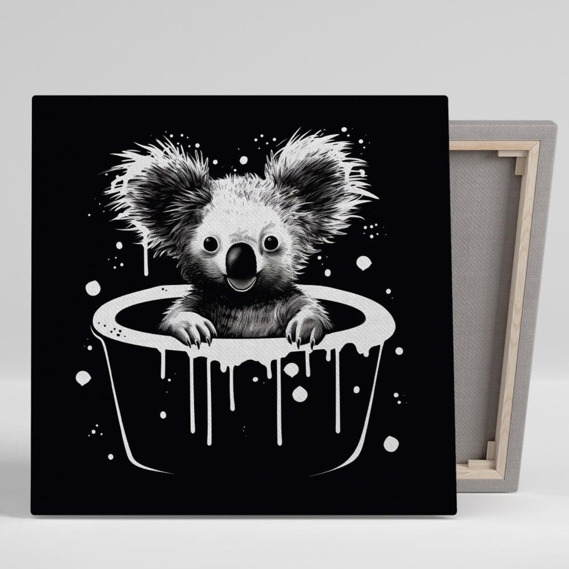 Koala Bath Time In Paint Drip Tub Black And White Whimsical Wall Poster