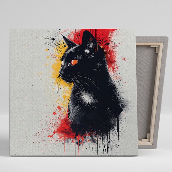 Black Cat Fiery Red Yellow Splash Moody Street Art Wall Poster