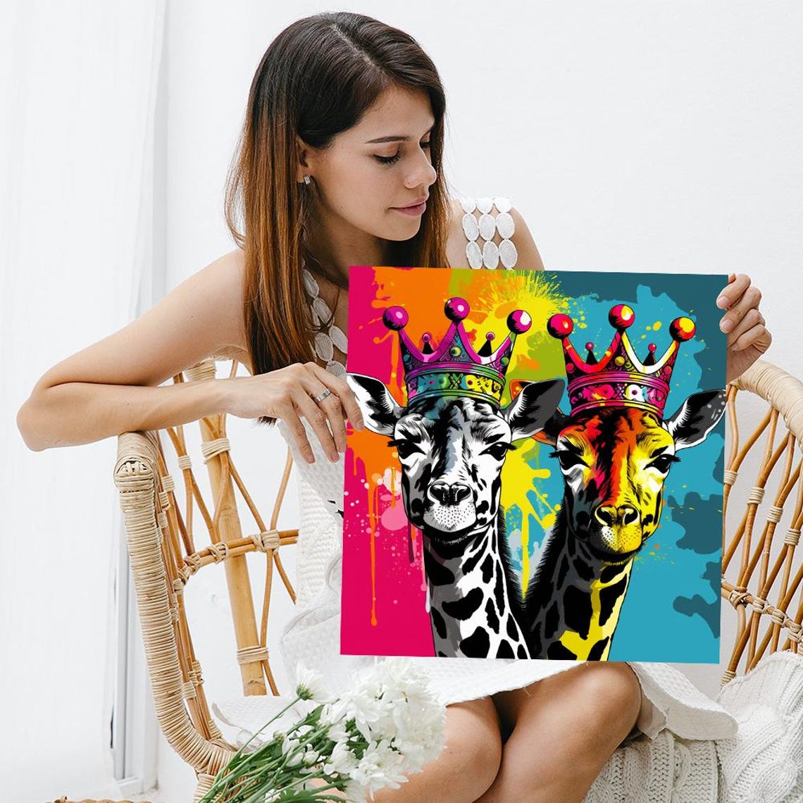 Two Crowned Giraffes Rainbow Splash Pop Art Royal Safari Wall Poster - Image 3