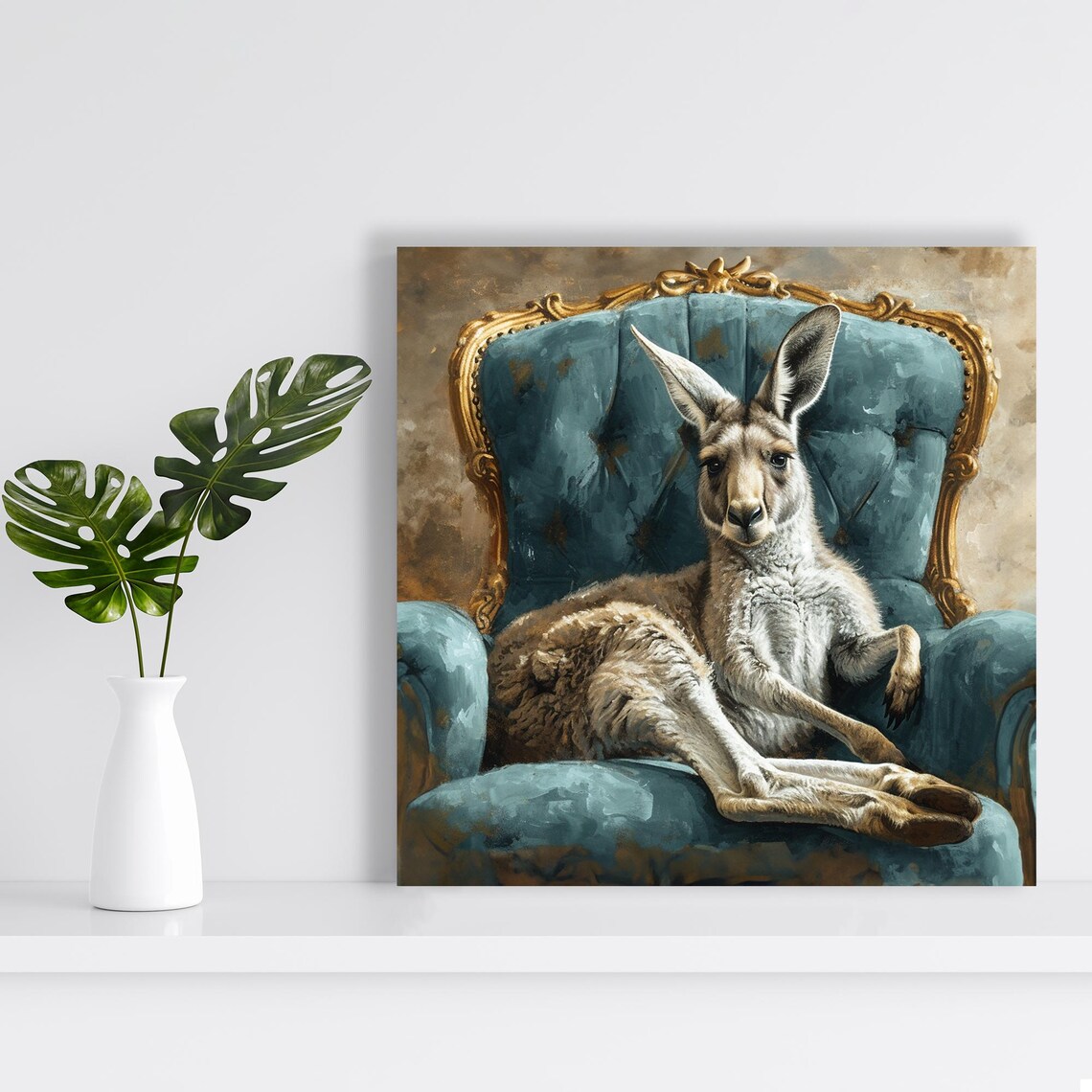 Kangaroo Lounging In Teal Victorian Armchair Painterly Art Poster - Image 2