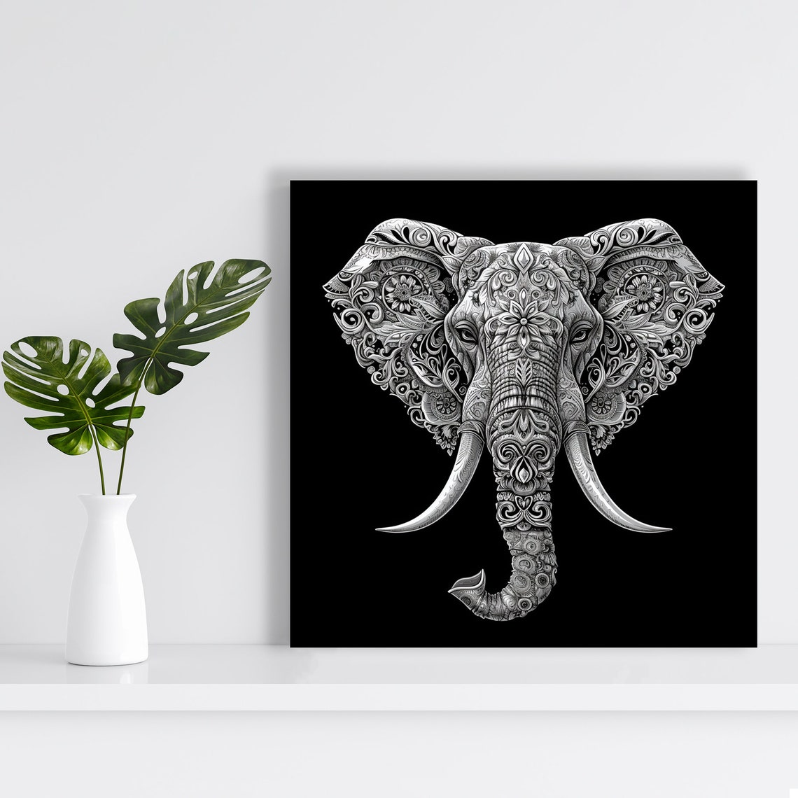 Silver Elephant Mandala Head Intricate Zentangle Black White Poster - Image 2