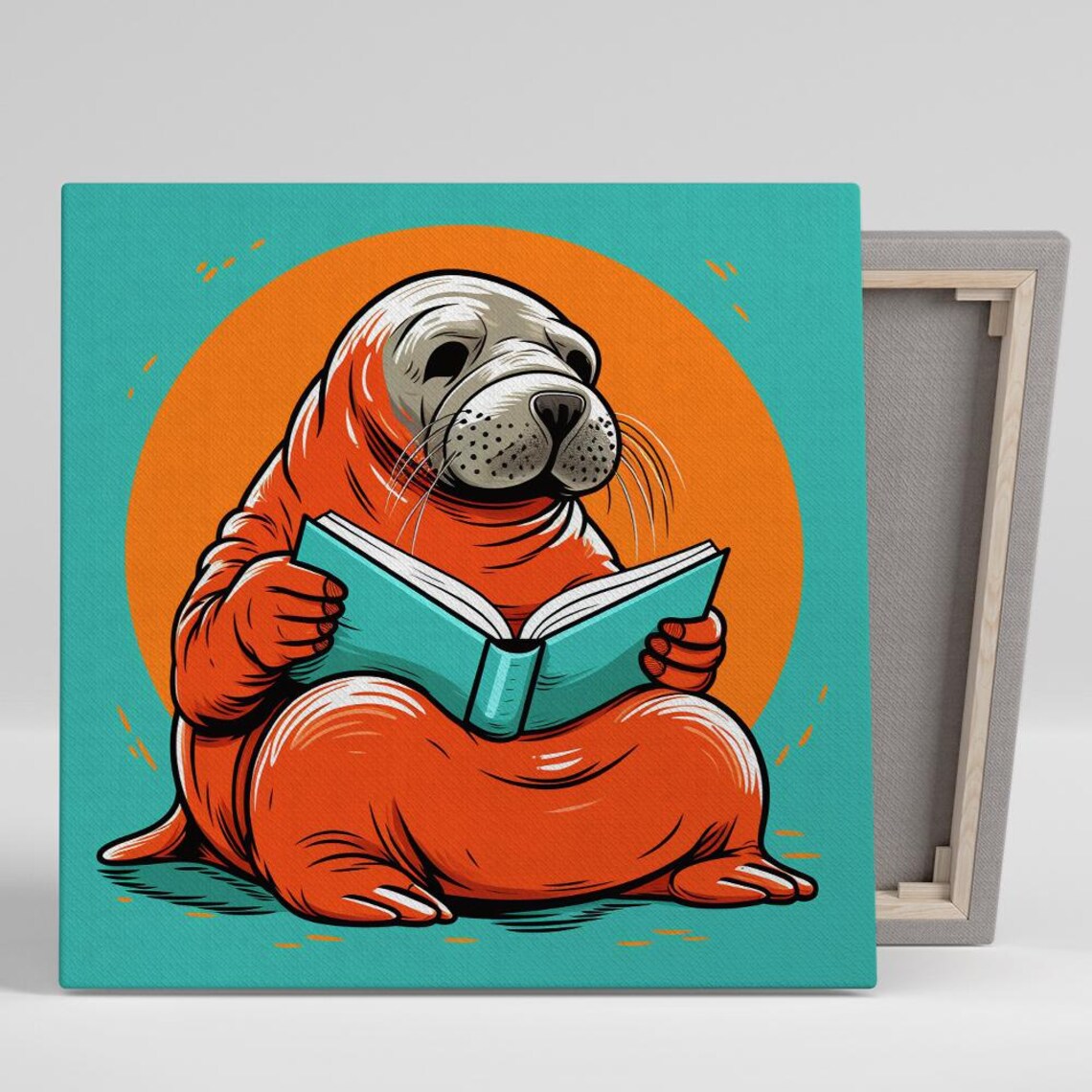 Bookworm Walrus Reading Book Whimsical Orange Teal Pop Animal Poster