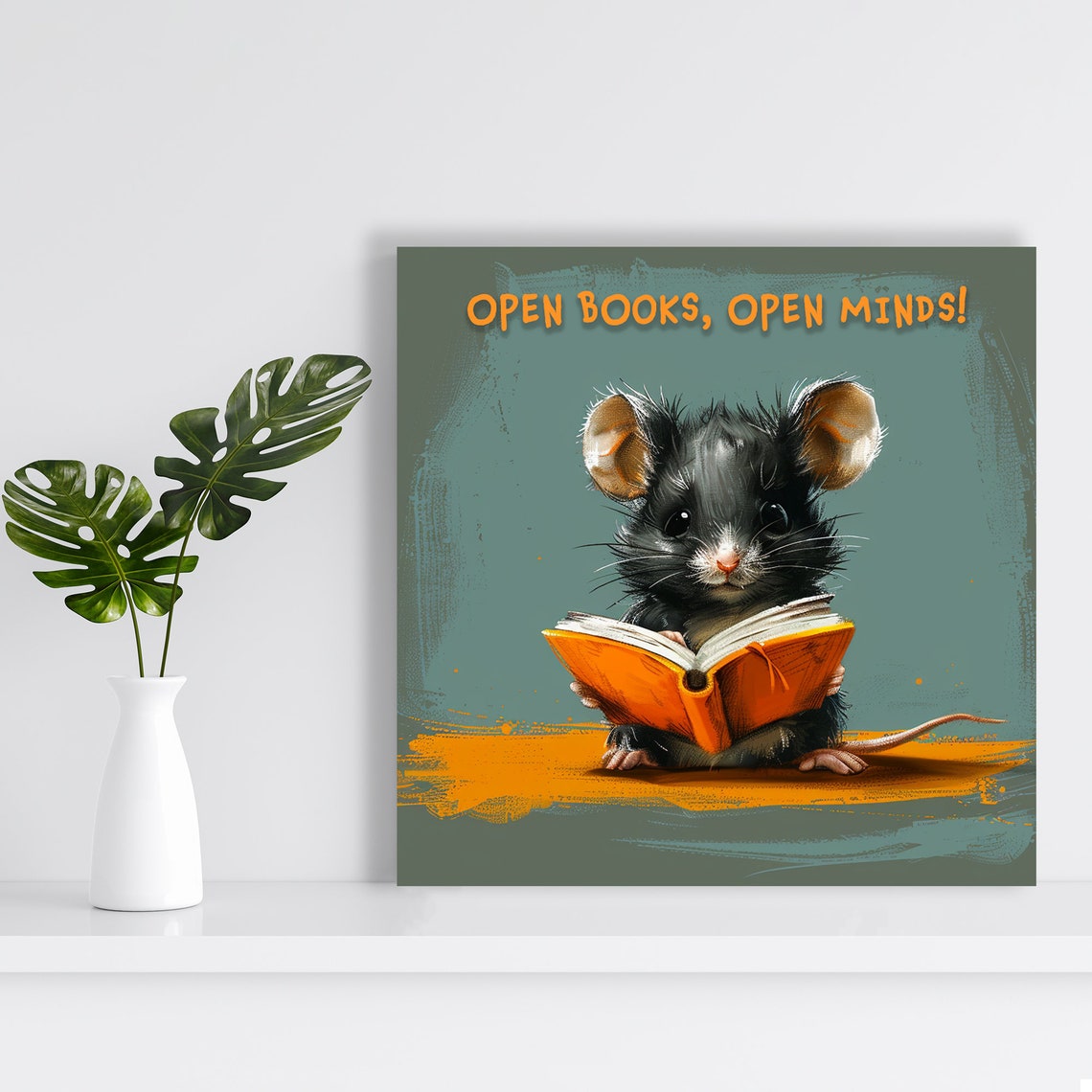 Bookworm Mouse Reading Open Books Open Minds Quote Library Art Poster - Image 2