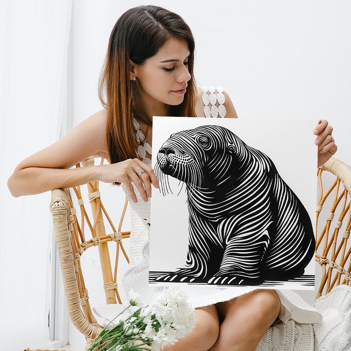 Walrus Black White Line Art Minimalist Monochrome Animal Poster - Image 3