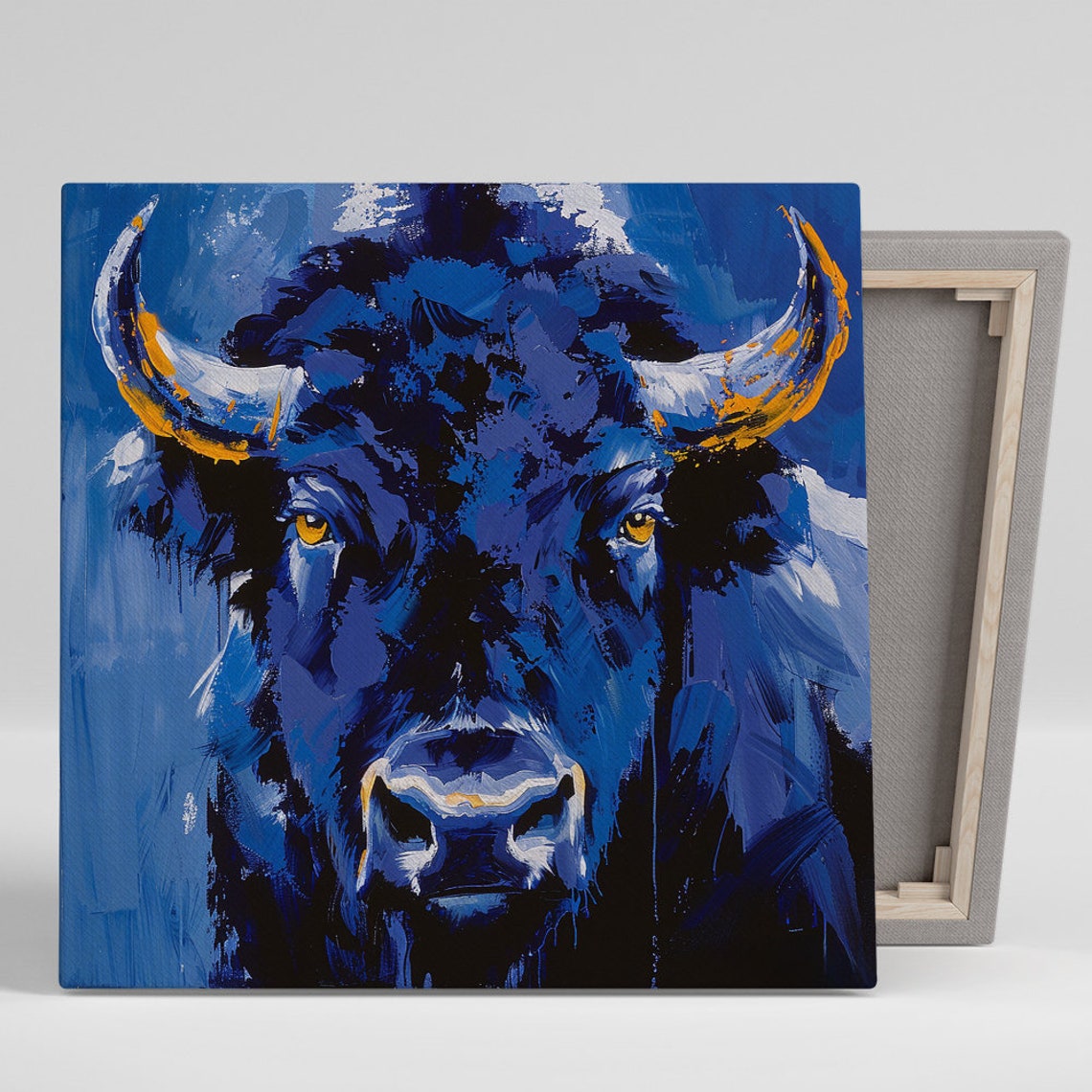 Electric Blue Bull Head Portrait Golden Eyes Bold Modern Animal Poster