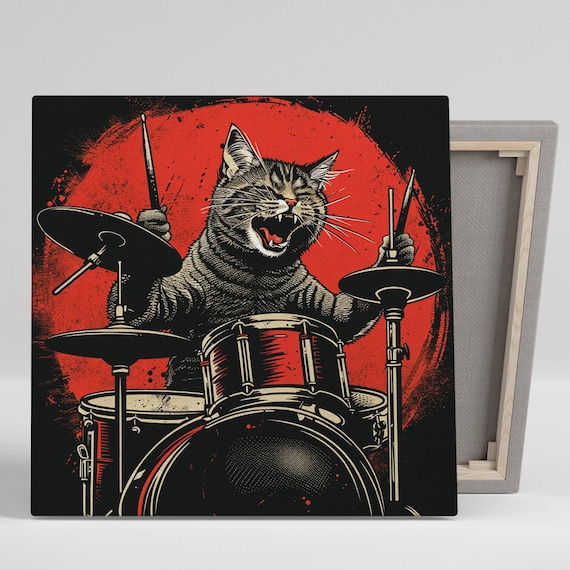 Rock N Roll Feline Drummer, Whimsical Poster Print