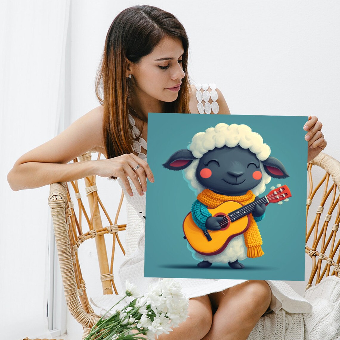 Cute Sheep Playing Guitar Happy Cartoon Music Whimsical Kids Poster - Image 3