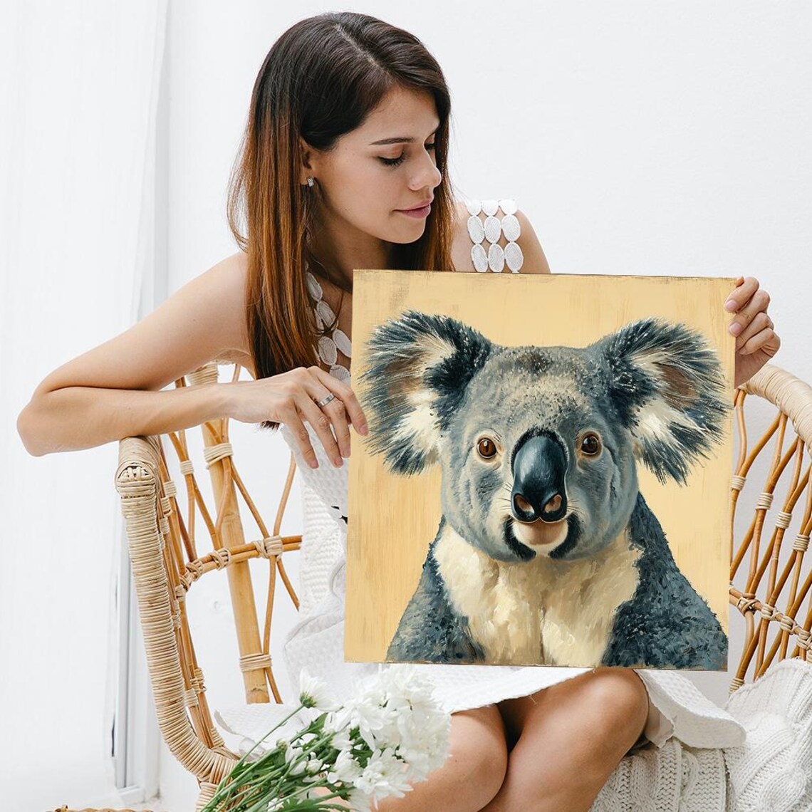 Koala Close Up Portrait Realistic Painting Warm Beige Wall Poster - Image 3