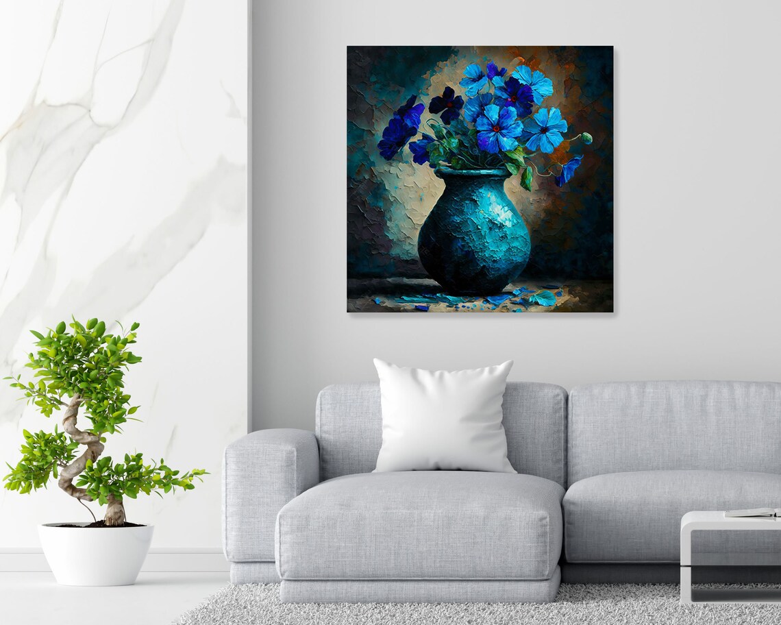Blue Blossom Bouquet Textured Teal Vase Impasto Moody Floral Poster - Image 3
