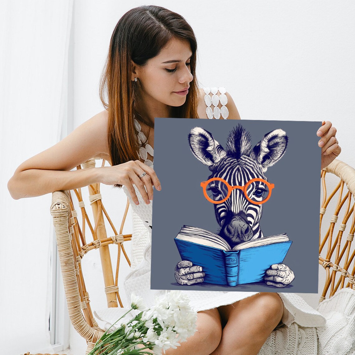 Baby Zebra With Orange Glasses Reading Blue Book Scholarly Library Poster - Image 3