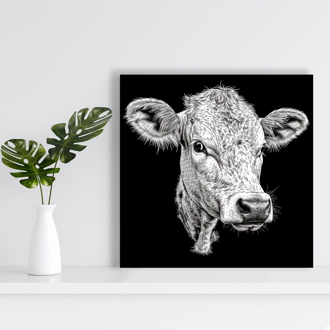 Black White Cow Sketch Pencil Drawing Minimalist Dramatic Wall Poster - Image 2