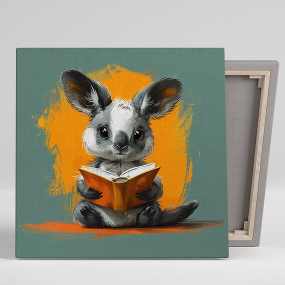 Adorable Bookworm Bunny Reading Orange Book Teal Kids Room Poster