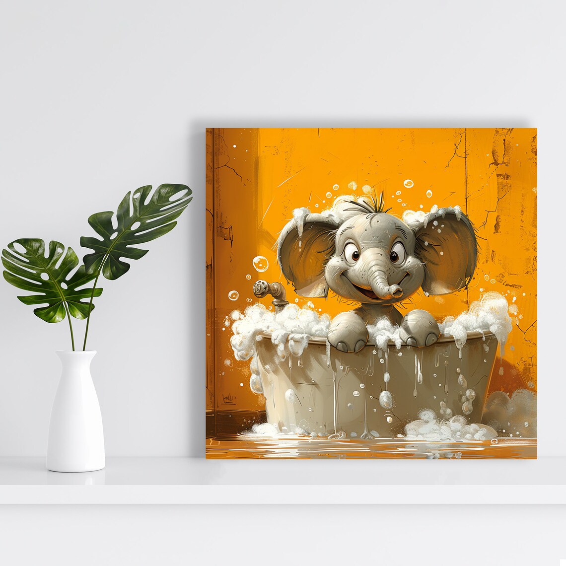Playful Baby Elephant Bubble Bath Orange Background Whimsical Nursery Poster - Image 2