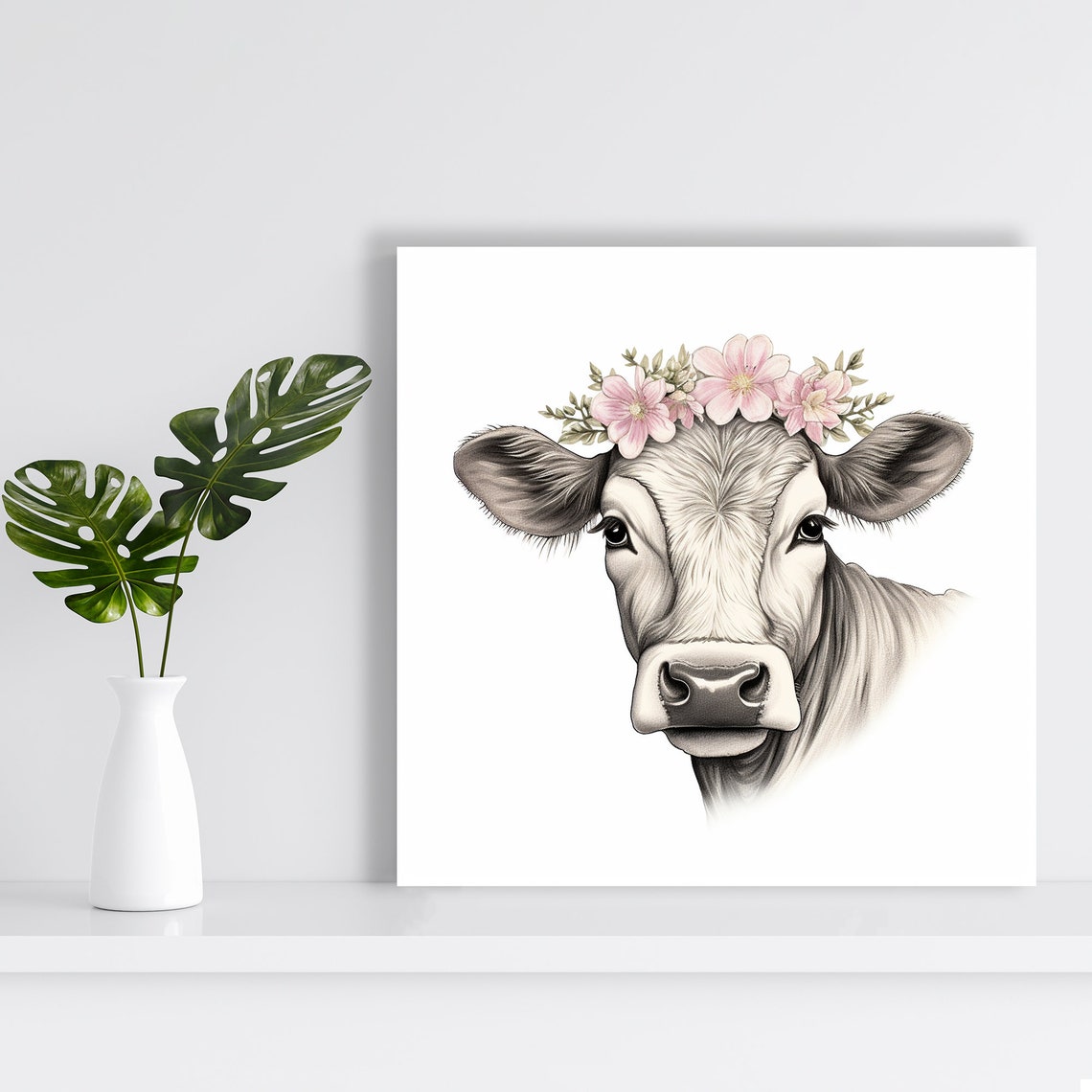 Cow With Pink Flower Crown Farmhouse Black White Portrait Wall Art - Image 2