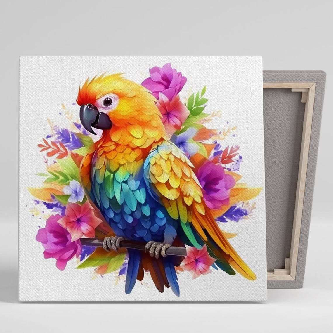 Tropical Parrot Among Flowers Watercolor Bright Bohemian Bird Poster