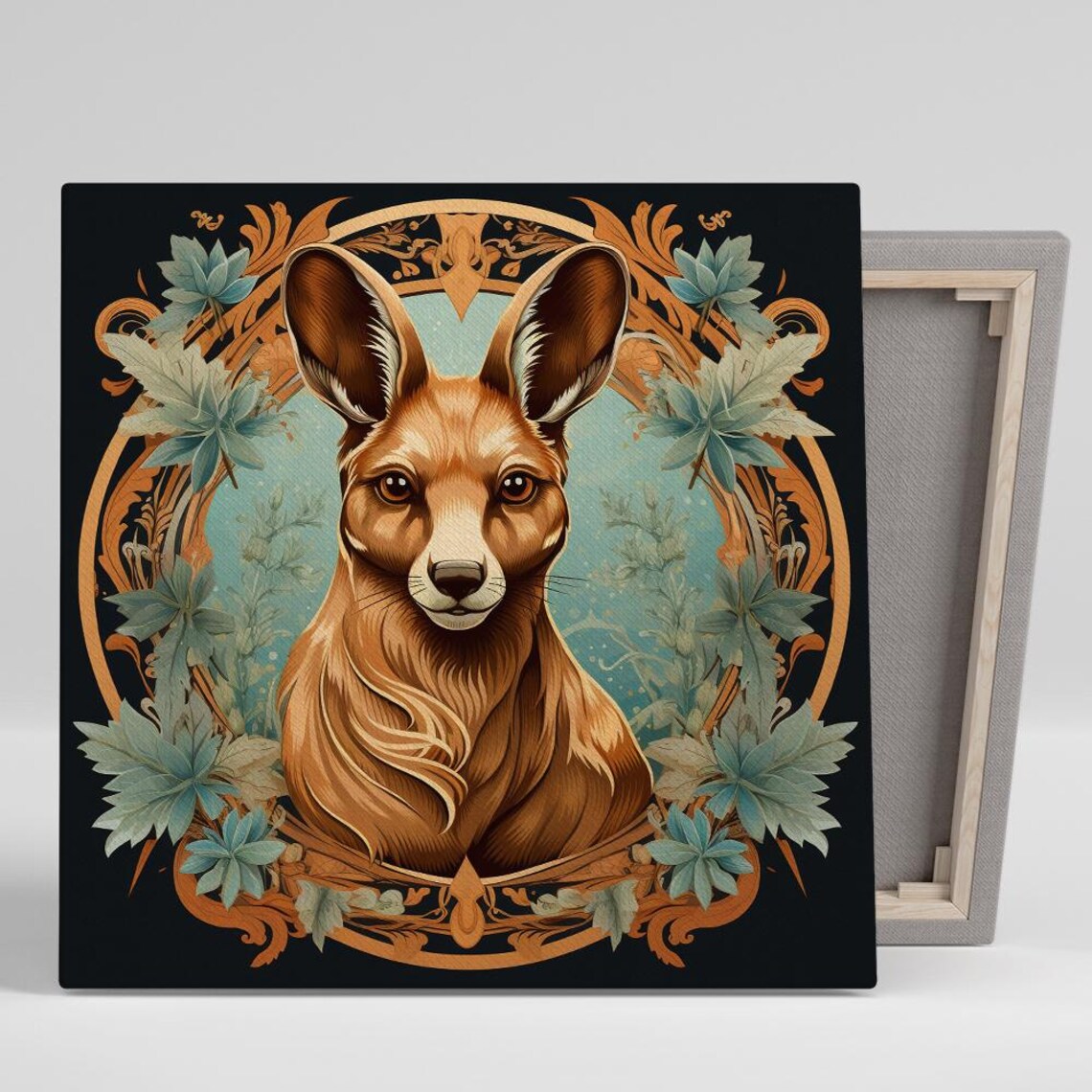 Kangaroo Portrait Art Nouveau Botanical Gold Frame Dark Elegant Poster