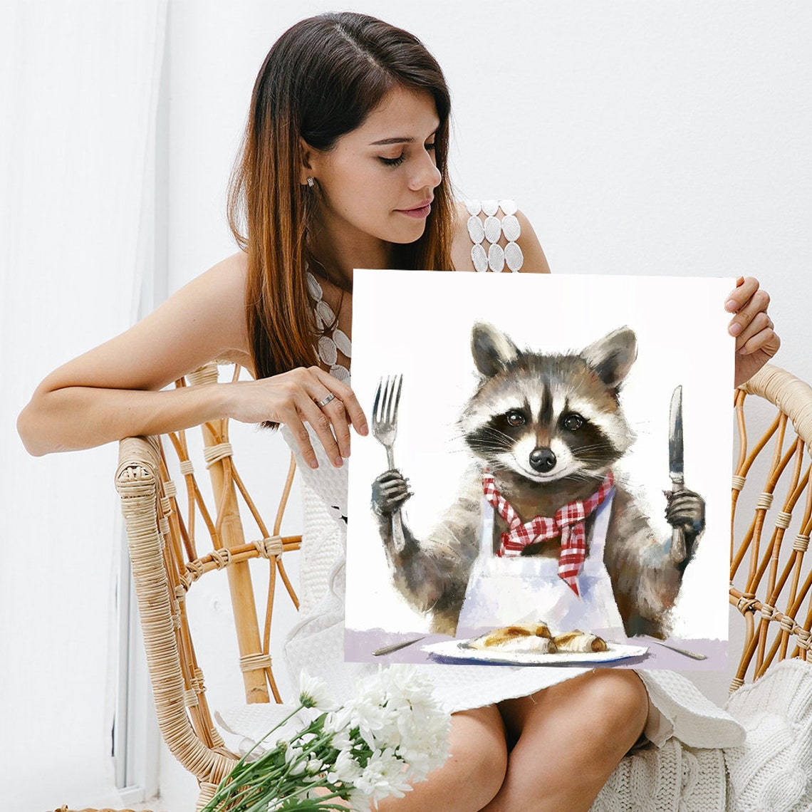 Raccoon Dinner Party Fork Knife Red Scarf Whimsical Kitchen Poster - Image 3
