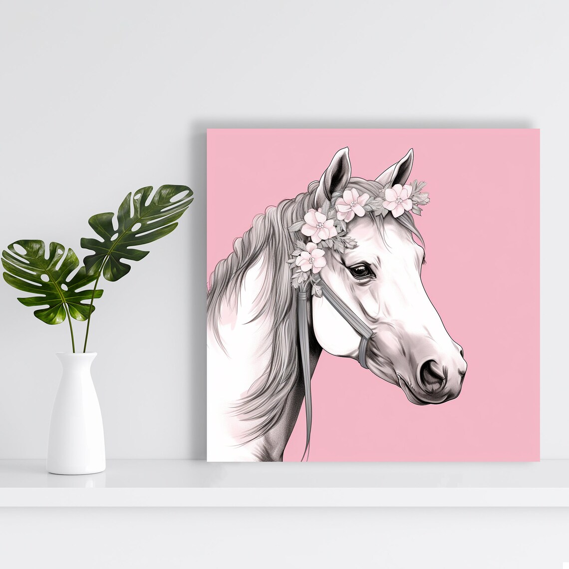 White Horse Flower Crown Portrait Pink Whimsical Equestrian Poster - Image 2