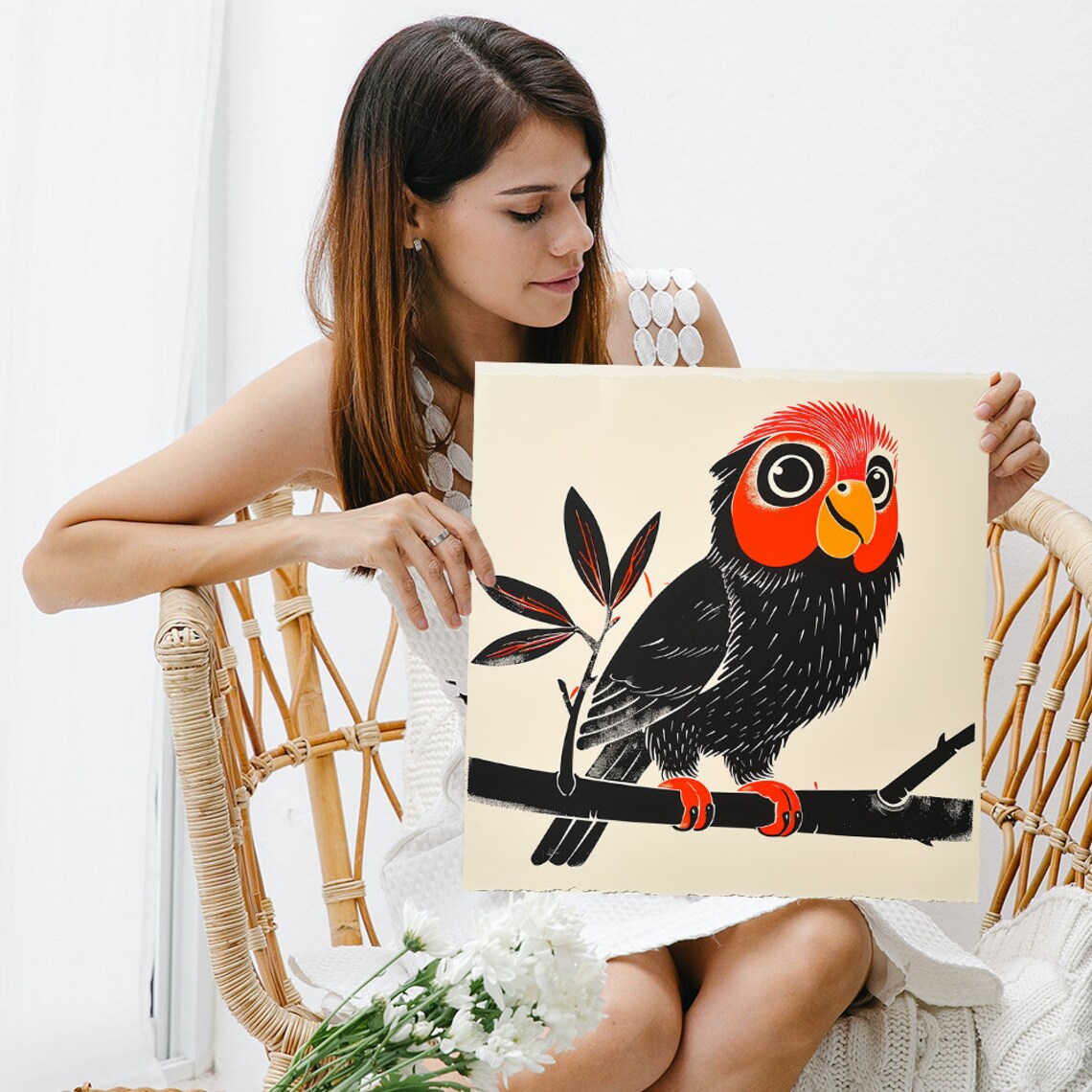 Quirky Red Headed Bird Perch Retro Woodcut Style Animal Art Poster - Image 3