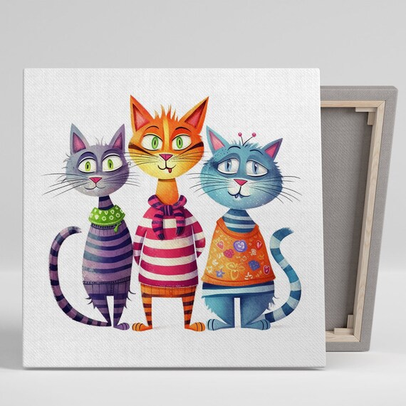 Three Cartoon Cats In Colorful Sweaters Whimsical Playful Nursery Art Poster