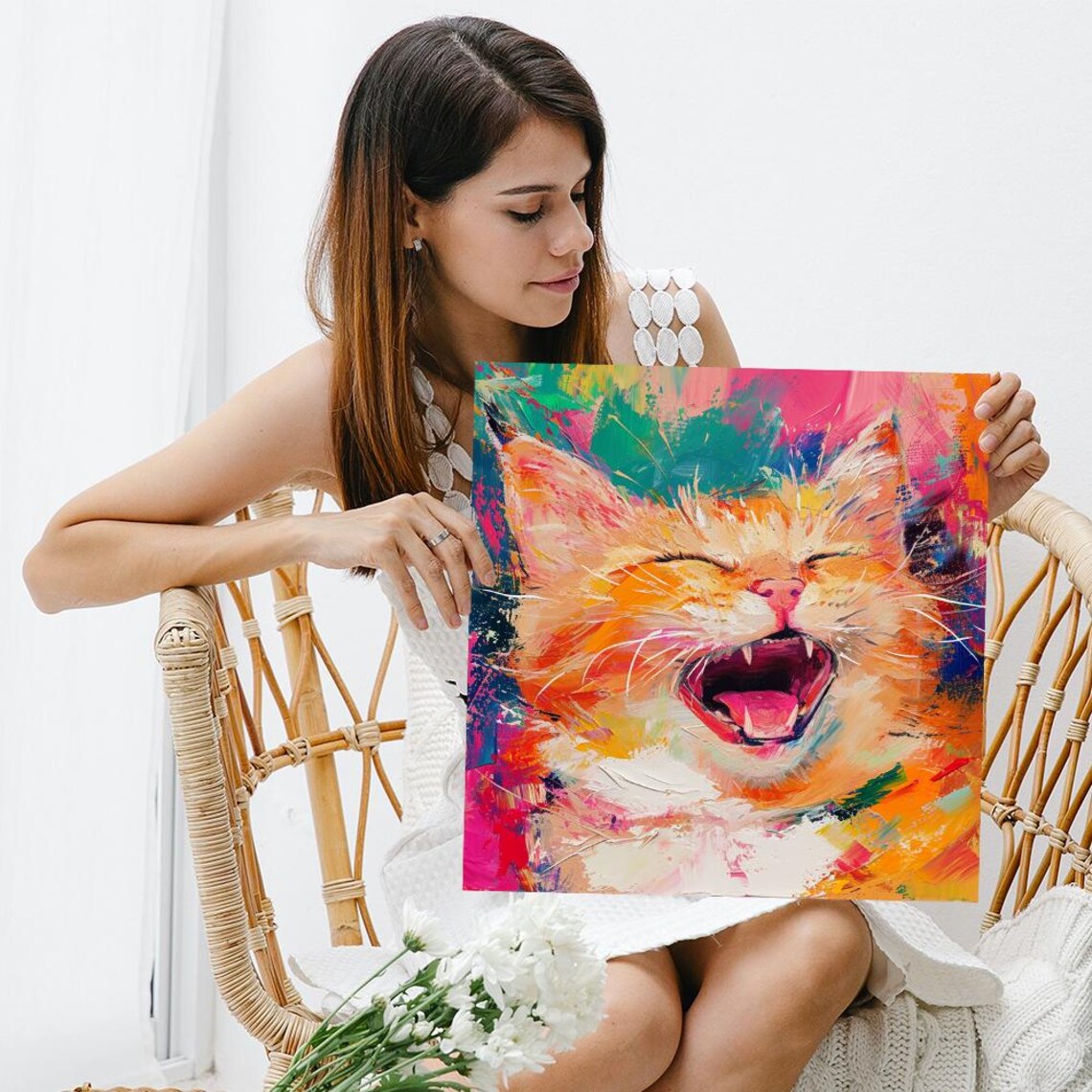 Yawning Cat Expressive Colorful Abstract Painting Joyful Feline Art Poster - Image 3