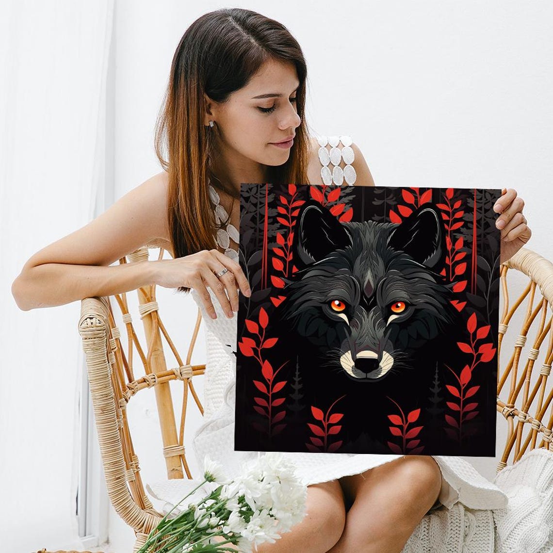 Black Wolf Red Eyes Dark Forest Botanical Gothic Nature Art Poster - Image 3