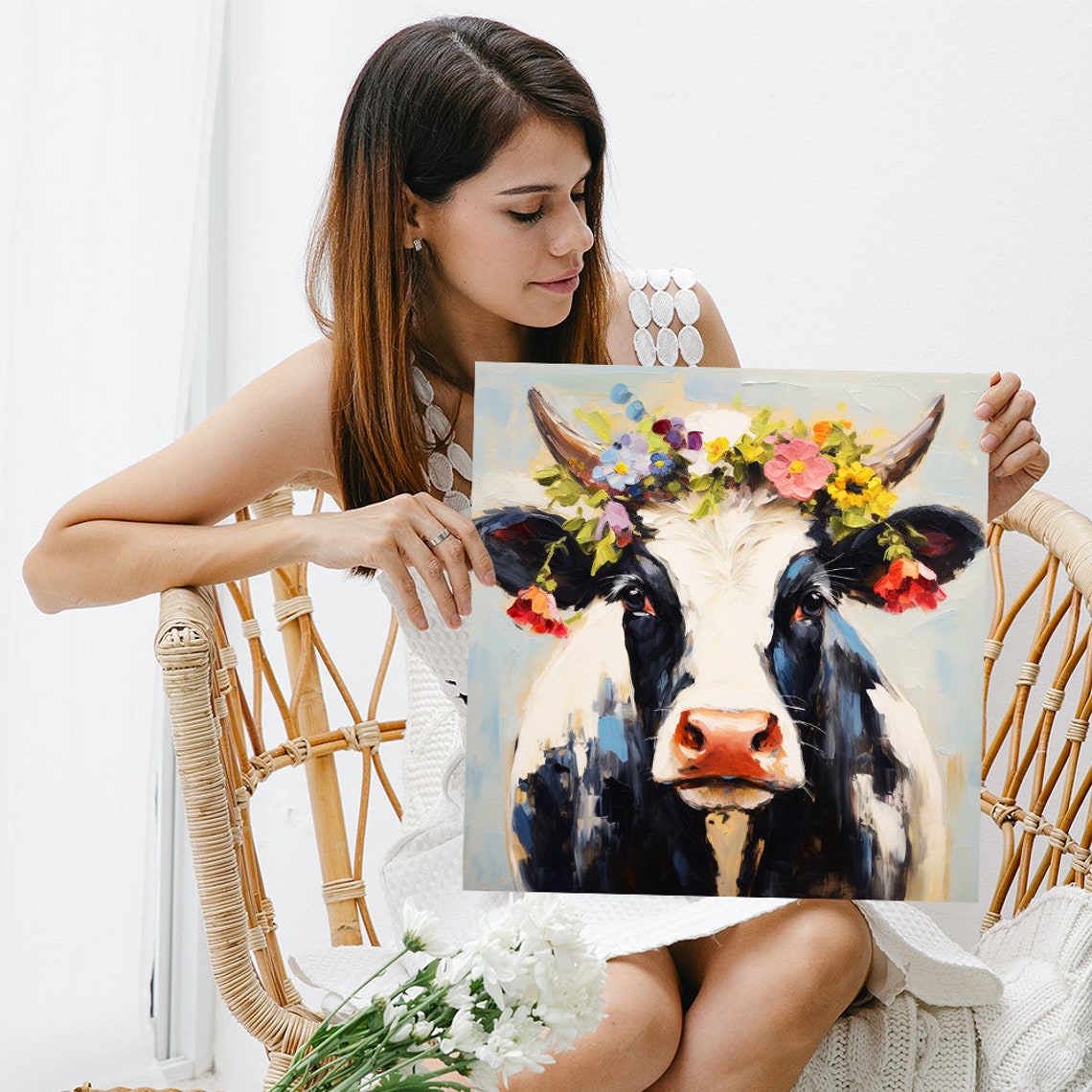Cow With Wildflower Crown Painterly Farmhouse Floral Animal Poster - Image 3
