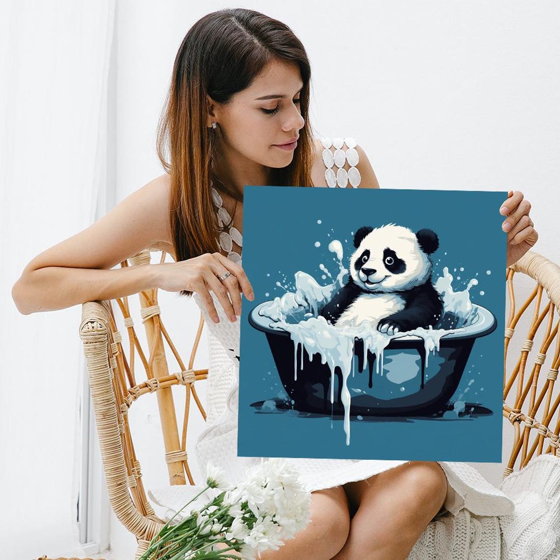 Splashing Panda Baby Bath Time Teal Background Cute Animal Art Poster - Image 3
