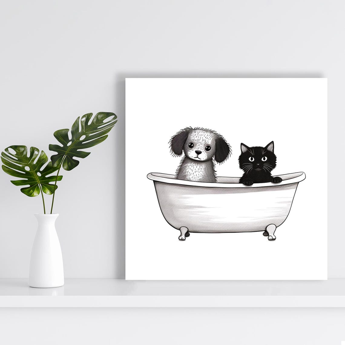 Bathtub Buddies Art Or Poster Whimsical Animal Decor Bathroom Nursery Laundry Room Wall Art Black White Grey Cute Illustration - Image 2