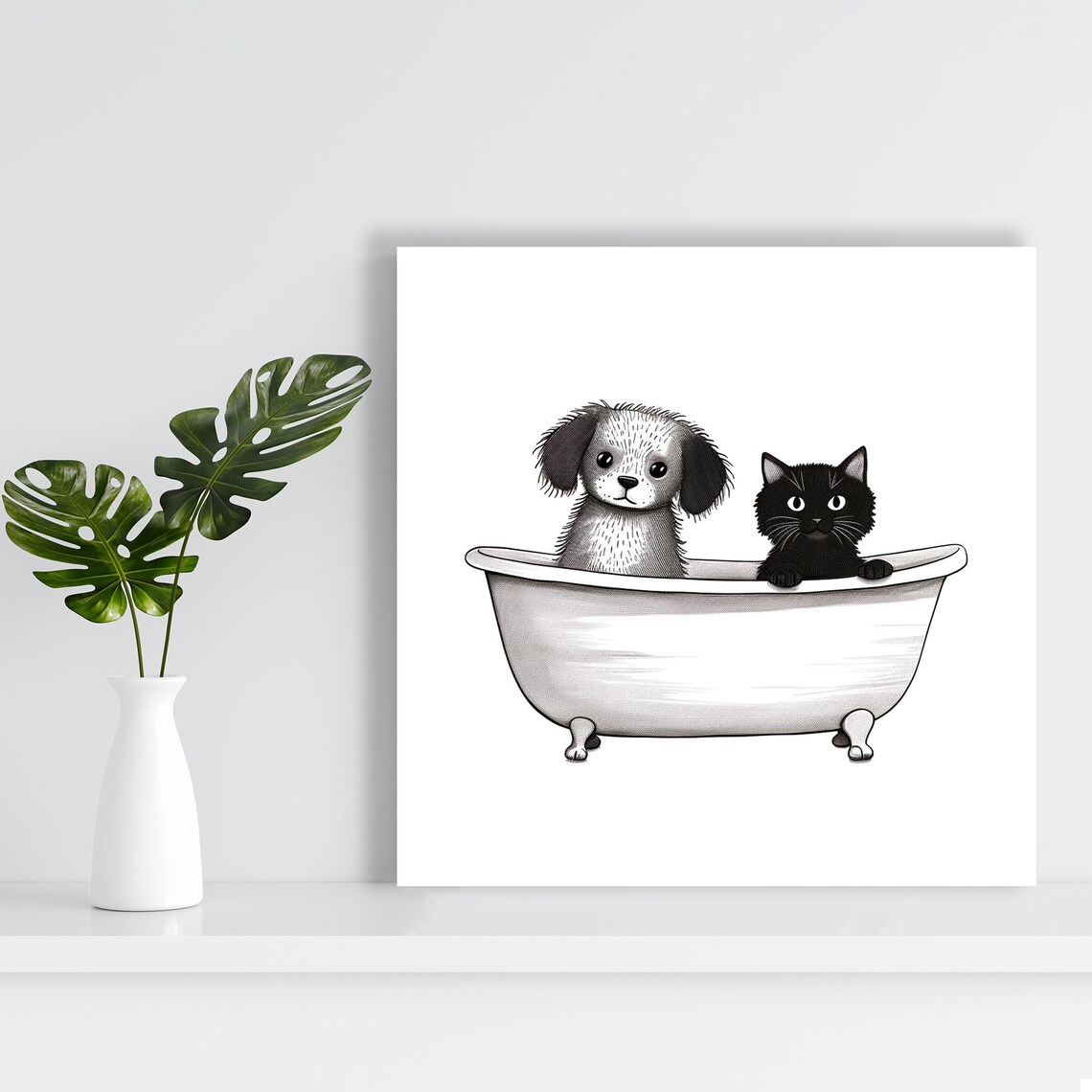 Puppy And Kitten In Clawfoot Bathtub Black And White Art Poster - Image 2