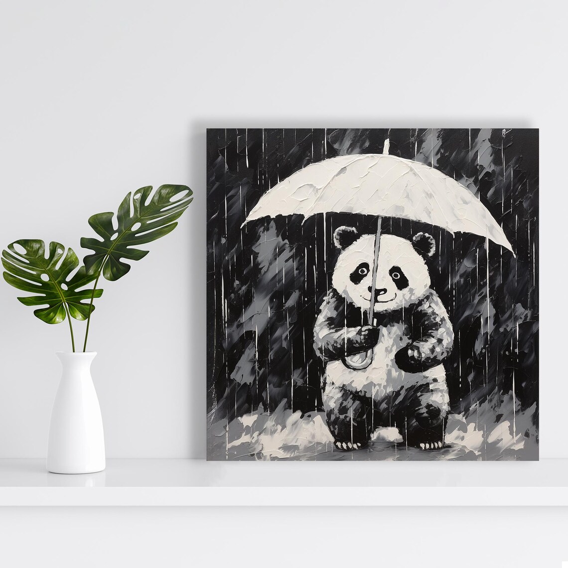 Panda Holding Umbrella In Rain Black White Monochrome Wall Poster - Image 2