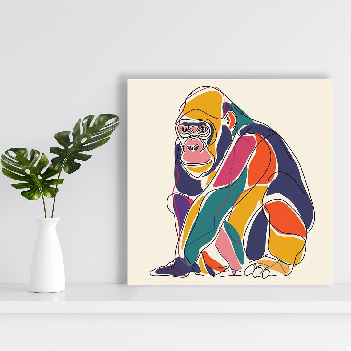 Gorilla Line Art Colorful Blocks Minimalist Modern Primate Poster - Image 2