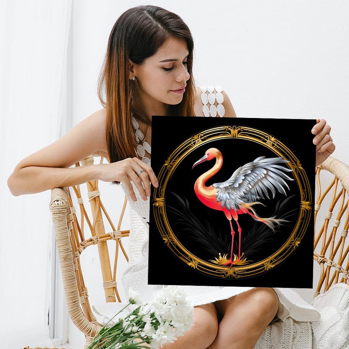Elegant Flamingo Gold Ornate Frame Black Background Wall Art Poster - Image 3