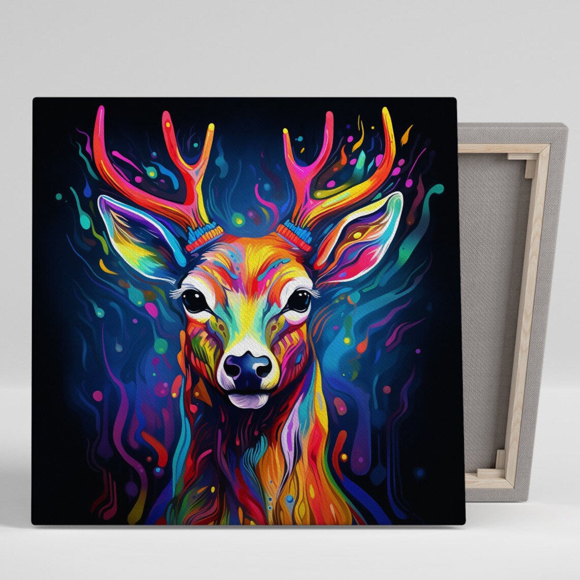 Psychedelic Neon Deer Head Portrait Dark Background Rainbow Animal Art Print