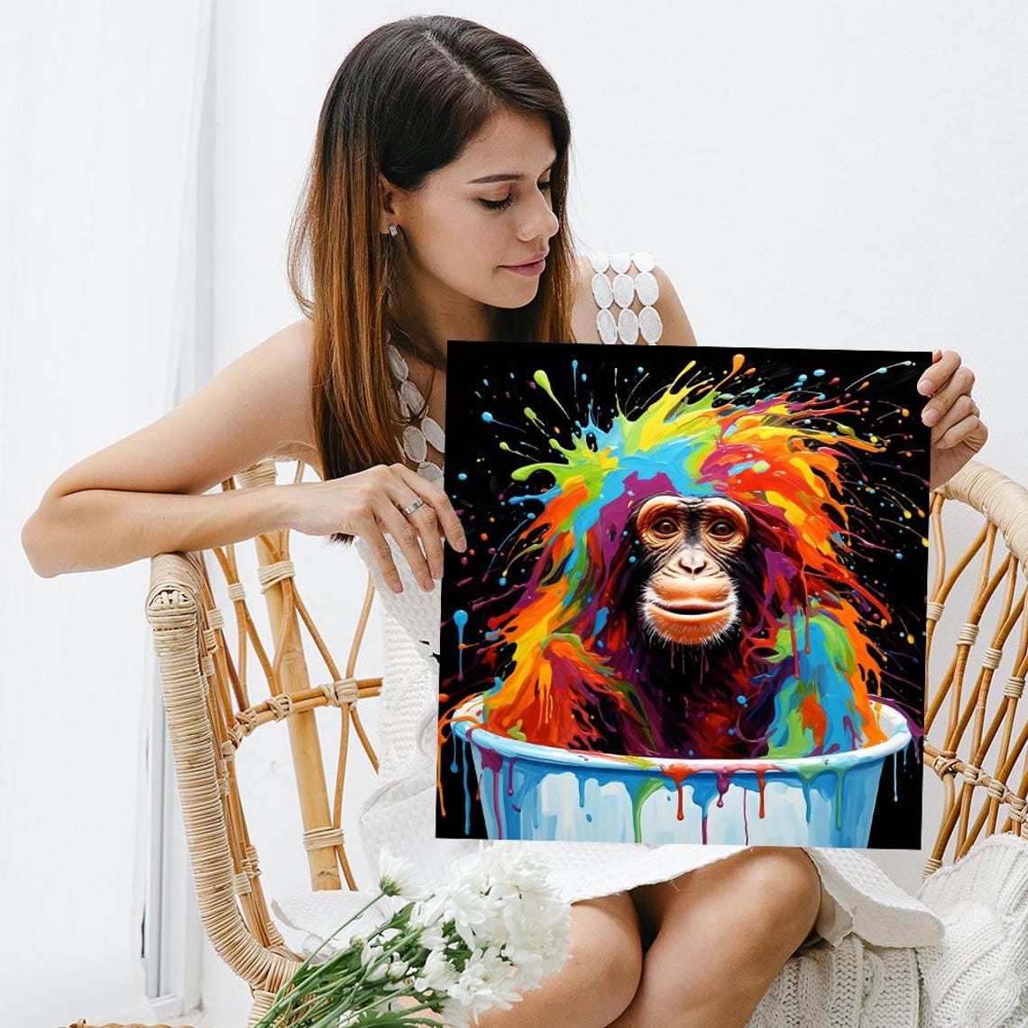 Chimpanzee Covered In Colorful Paint Splashes Bath Tub Art Poster - Image 3