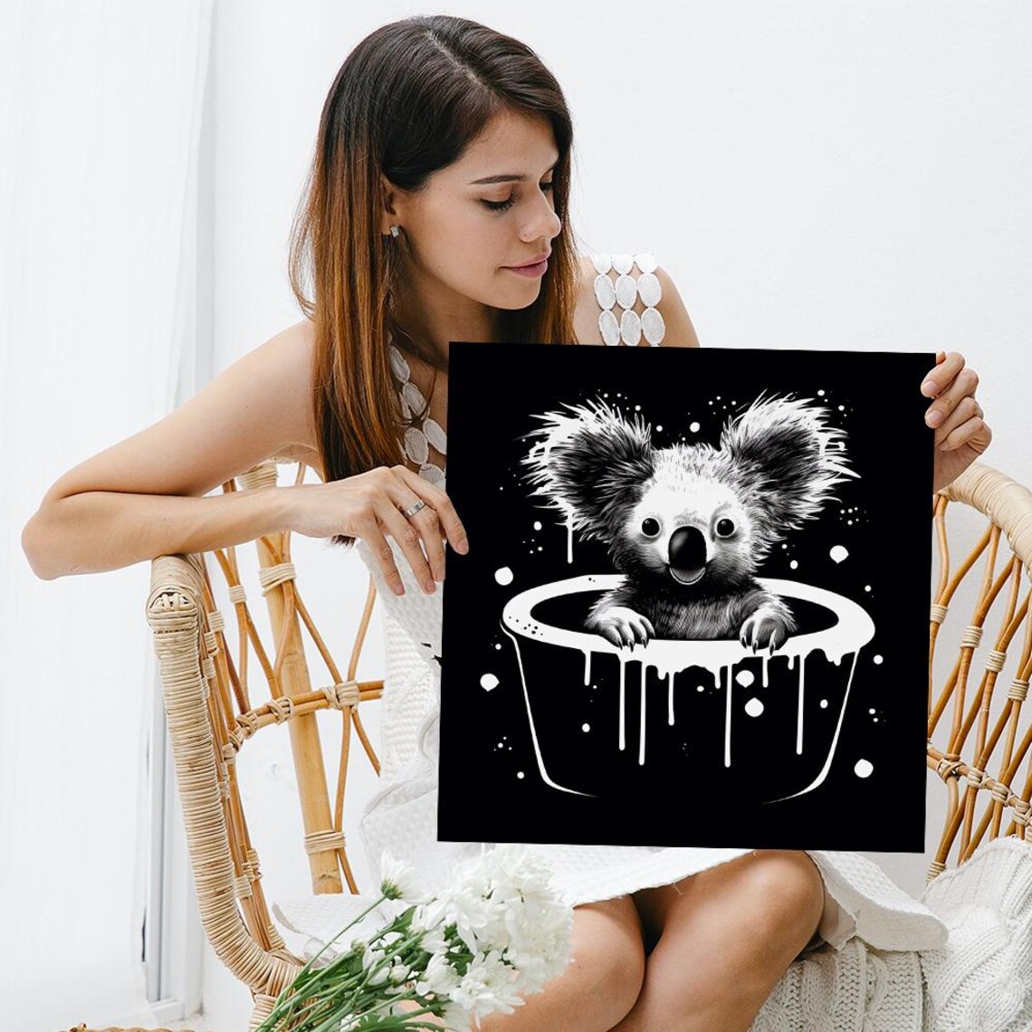 Koala Bath Time In Paint Drip Tub Black And White Whimsical Wall Poster - Image 3