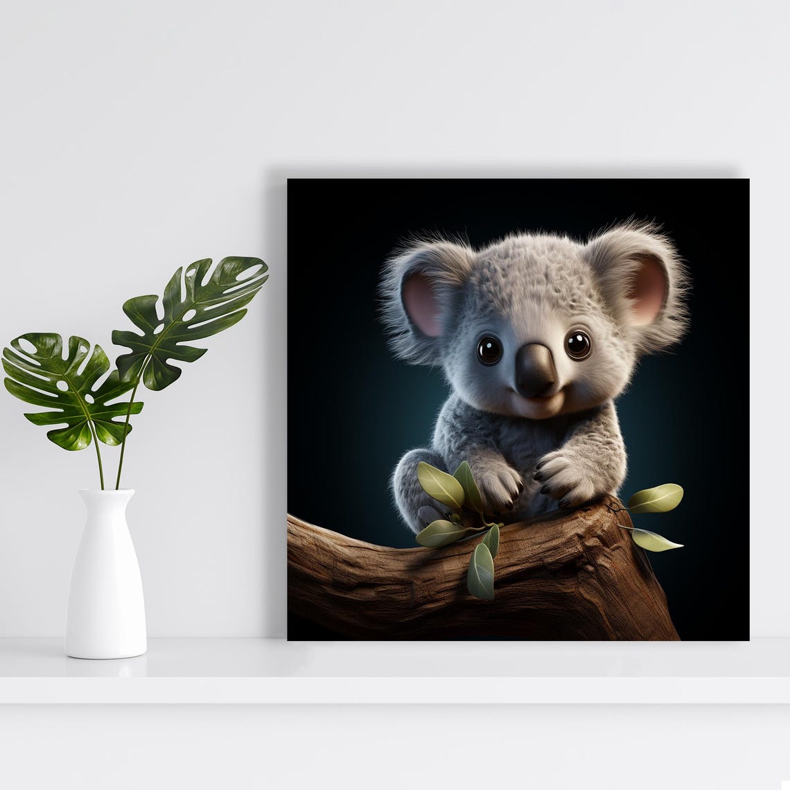 Baby Koala Joey On Eucalyptus Branch Big Eyes Dark Nursery Wall Poster - Image 2