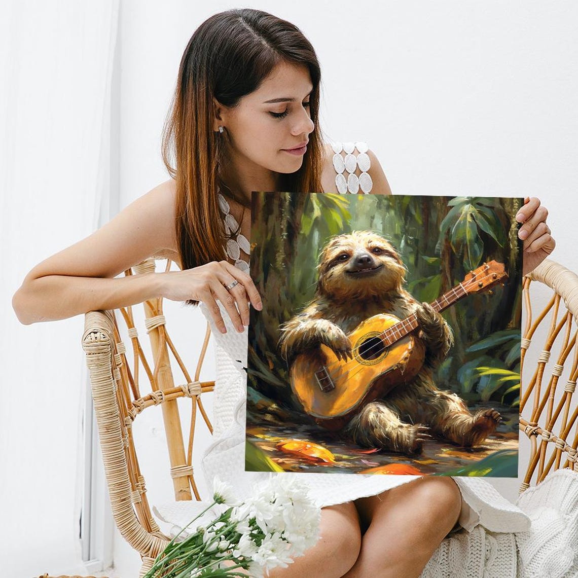 Sloth Playing Ukulele in Jungle Painterly Happy Tropical Animal Poster - Image 3