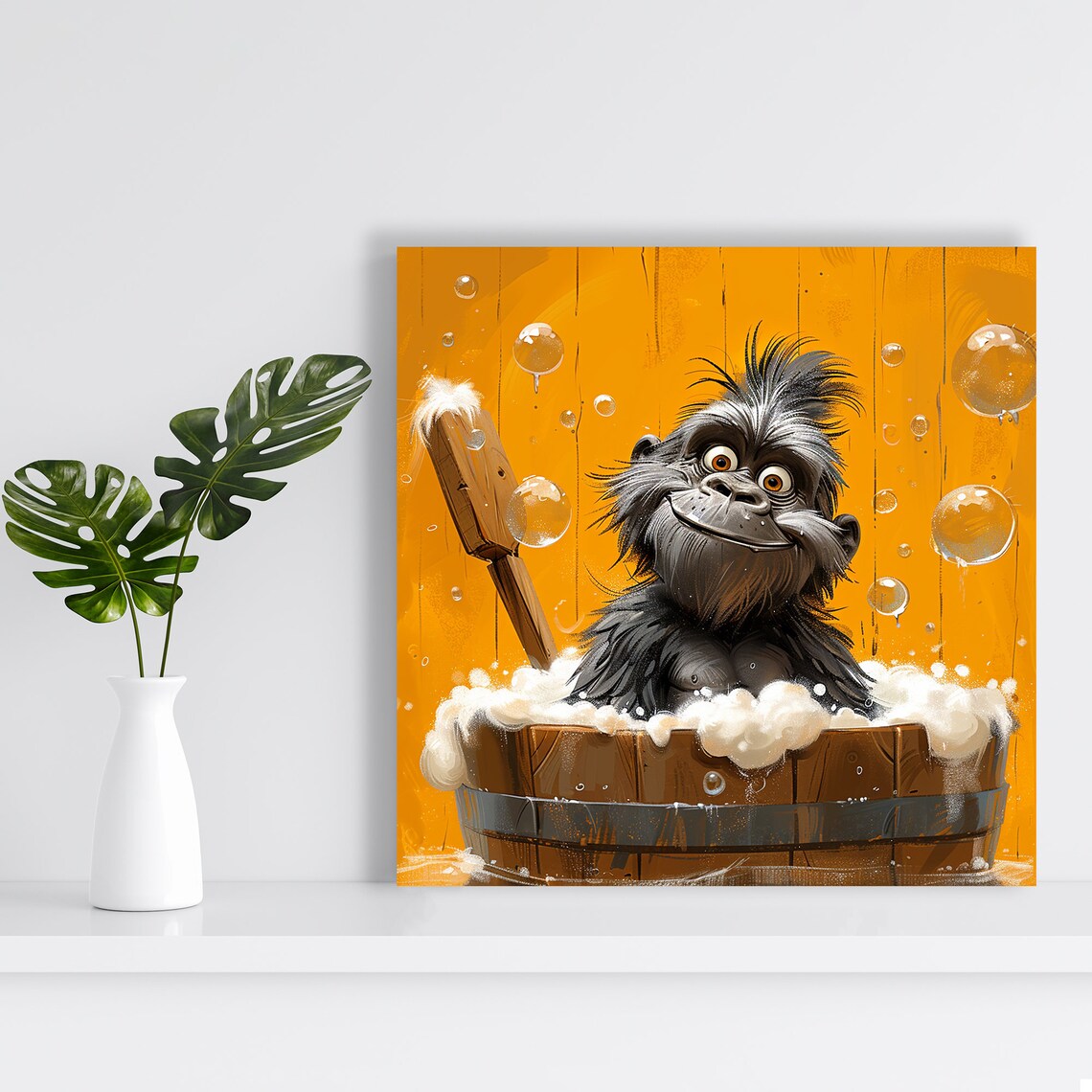 Gorilla Bath Time Cartoon Wooden Tub Bubbles Orange Wall Art - Image 2