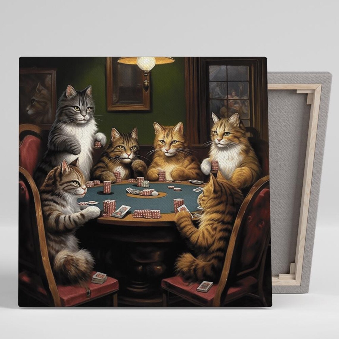 Cat Poker Night, Vintage Rustic Game Room Art Print