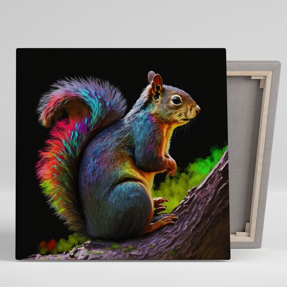 Neon Rainbow Squirrel Branch Perched Colorful Wildlife Wall Poster