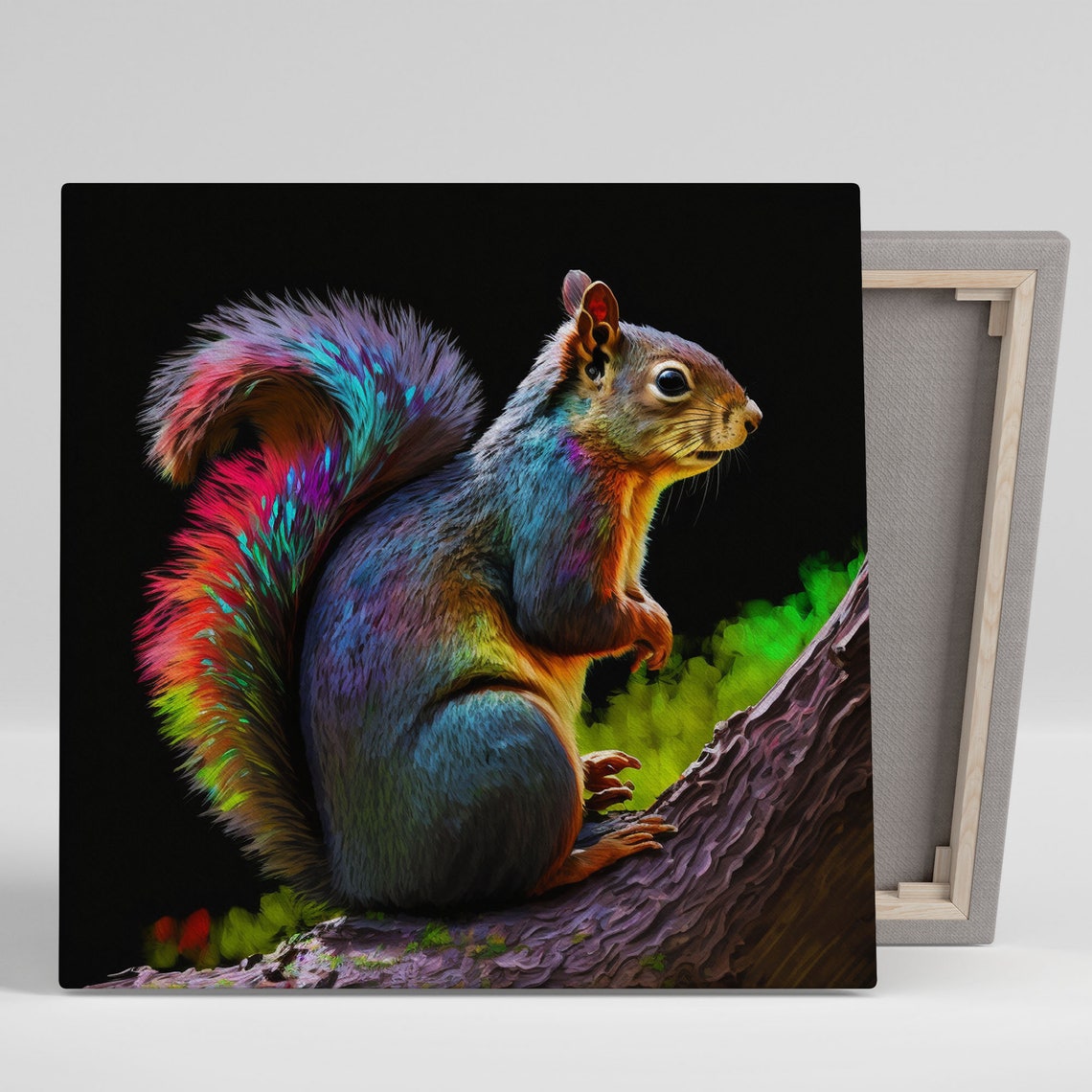 Neon Rainbow Squirrel Branch Perched Colorful Wildlife Wall Poster