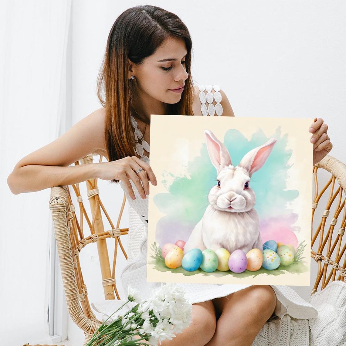 Easter Bunny With Colorful Eggs Pastel Watercolor Spring Poster - Image 3
