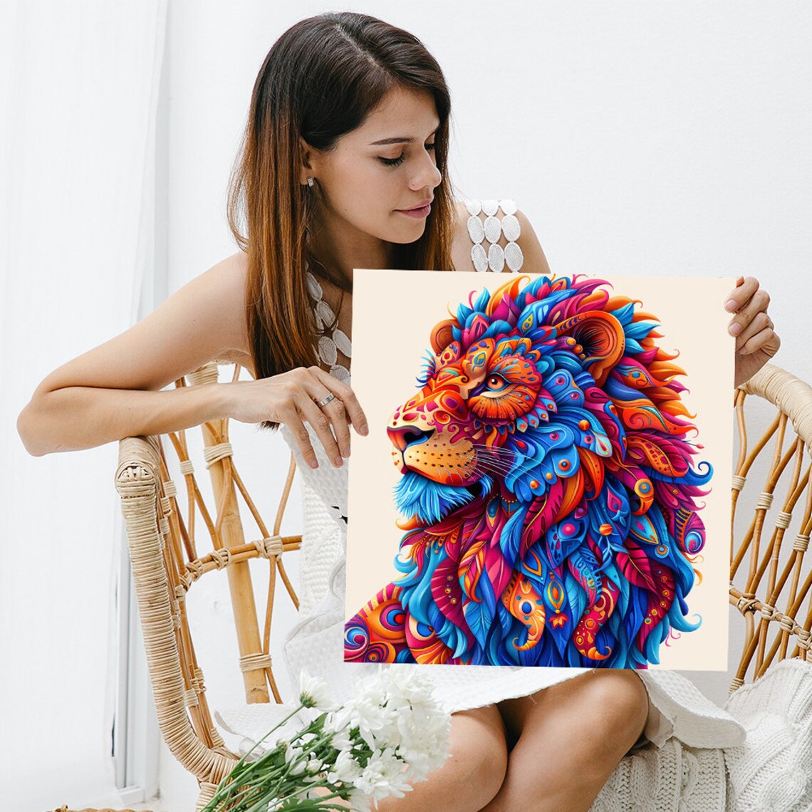 Kaleidoscopic Lion Majesty Vibrant Feather Mandala Profile Wall Art Poster - Image 3