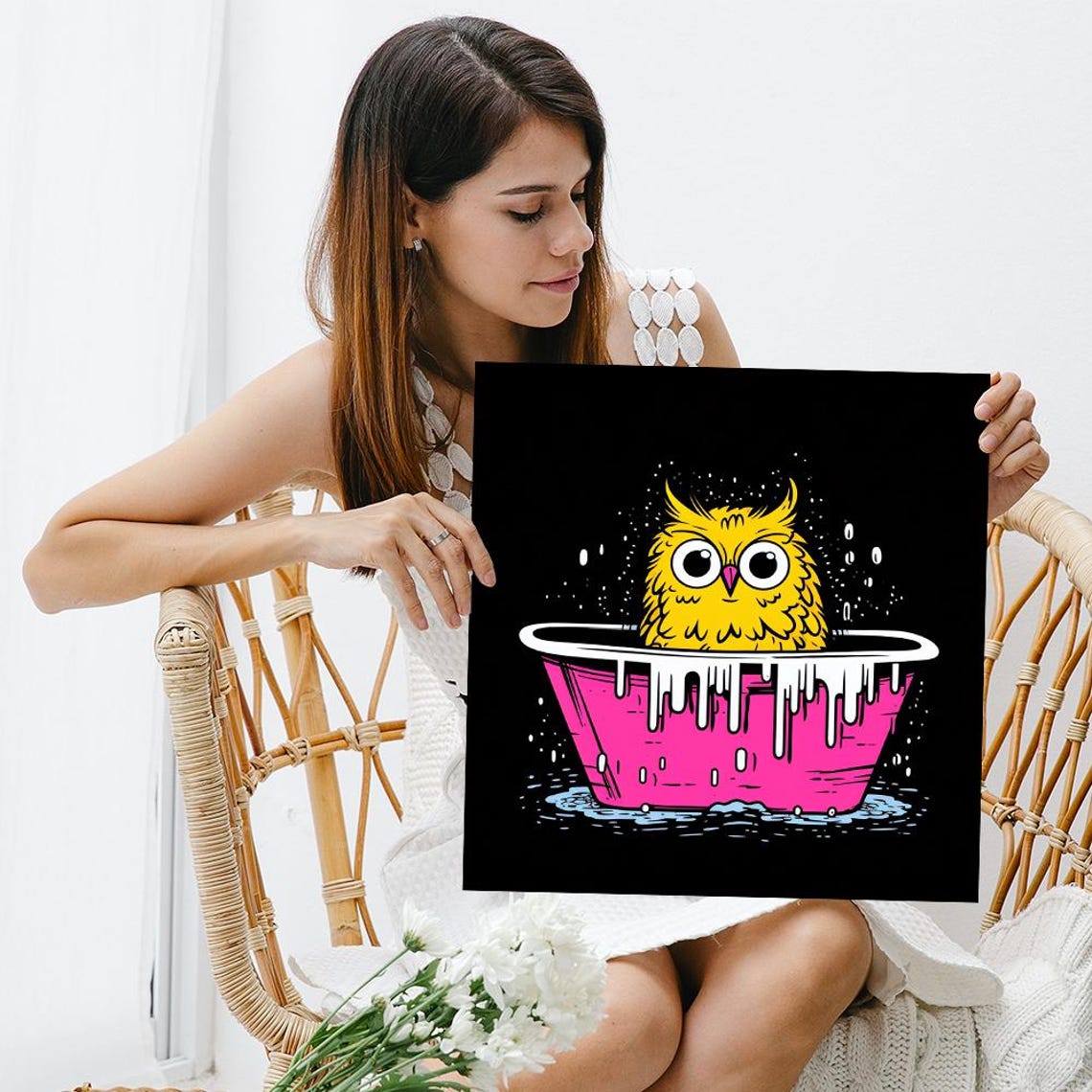 Cute Yellow Owl Bath Time Whimsical Pop Art Bathroom Wall Poster - Image 3
