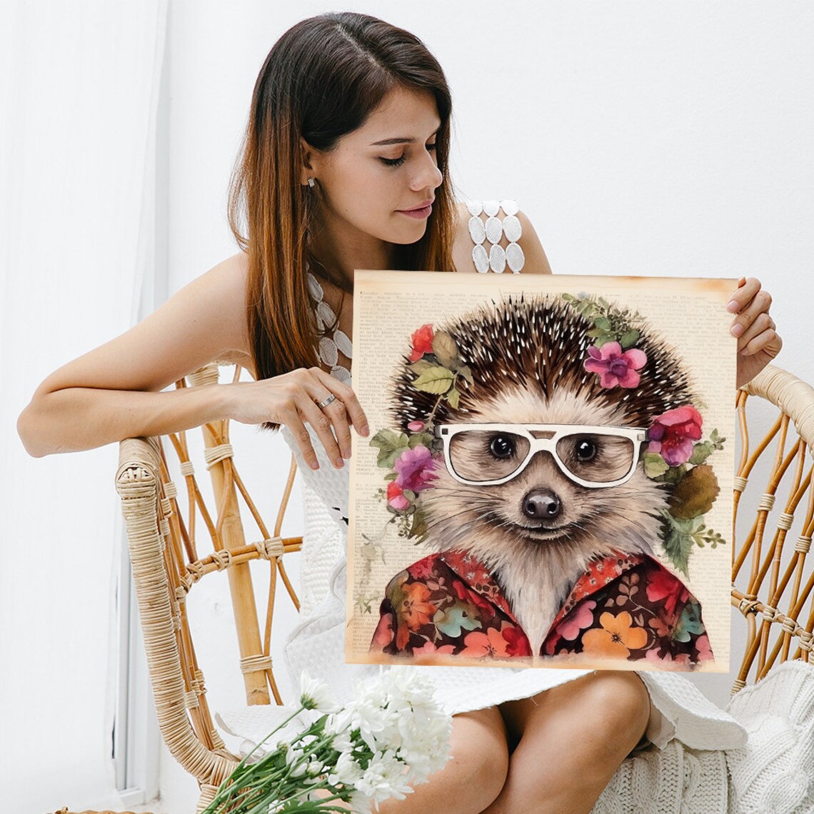 Hipster Hedgehog With White Glasses and Floral Shirt Whimsical Poster - Image 3