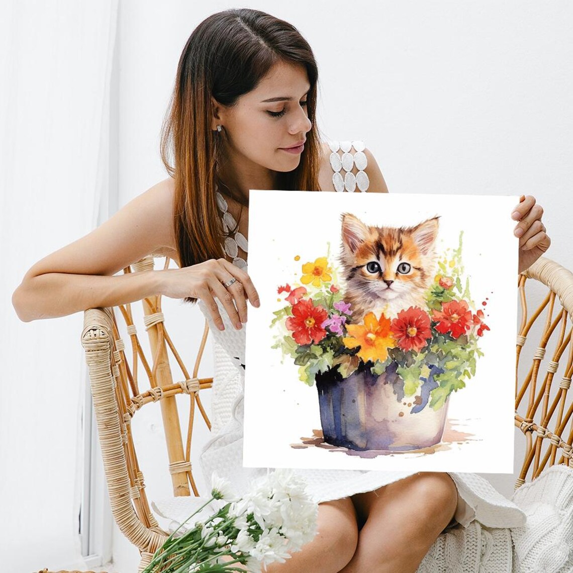 Blossoming Kitten Art Print, Whimsical Rustic Decor - Image 3